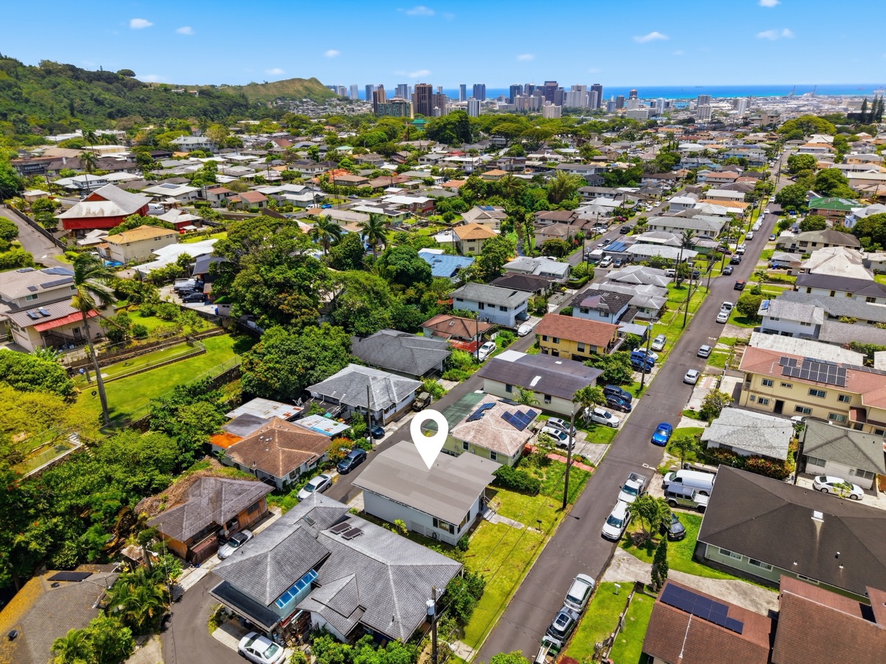 Aerial view toward Honolulu skyline and ocean