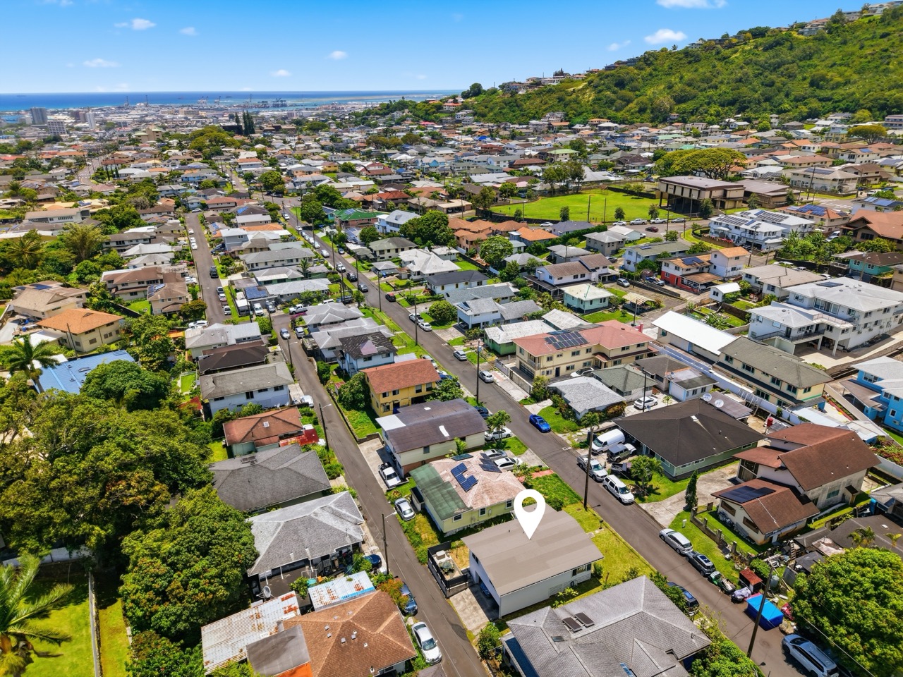 Aerial view toward the harbor and Pacific